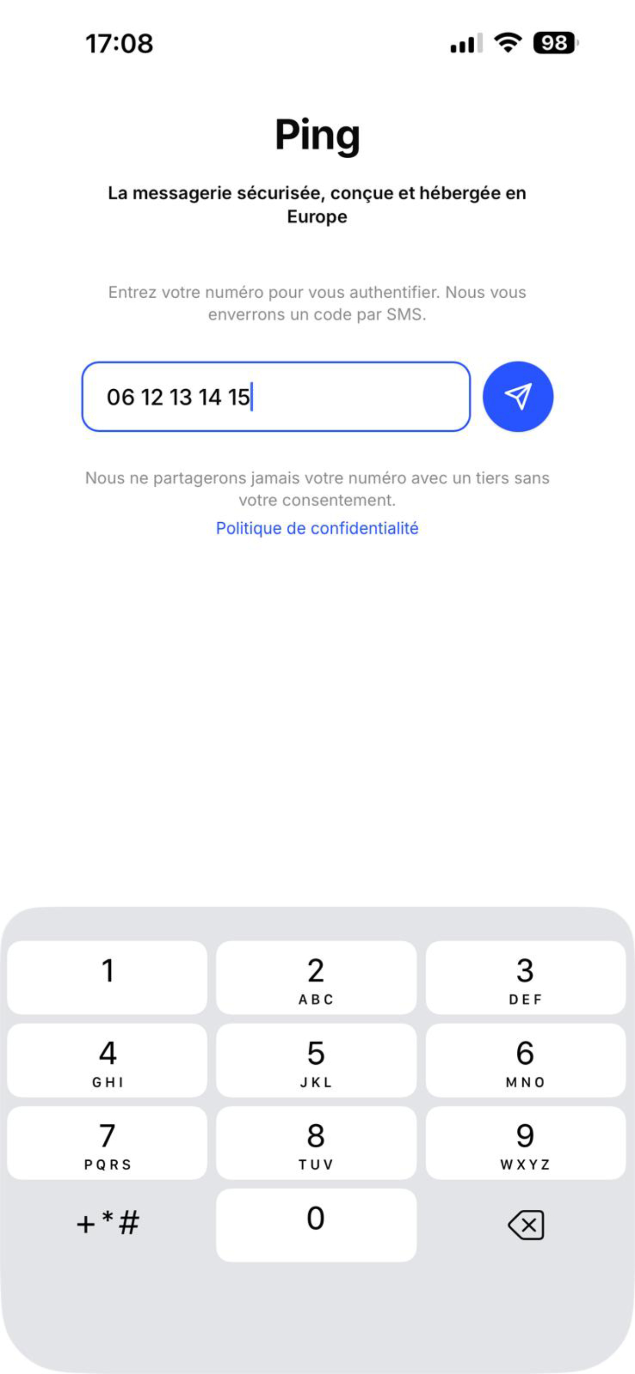 Écran de connexion par numéro de téléphone de Ping